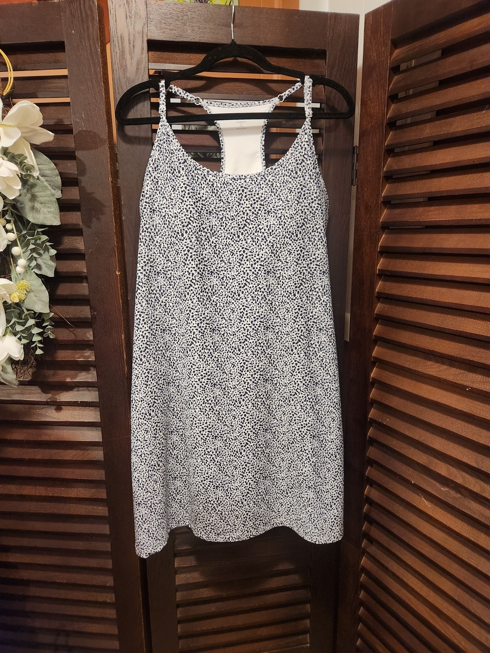 Old Navy White, Black, and Grey Spotted Midi Tank Dress with Built in Bra
